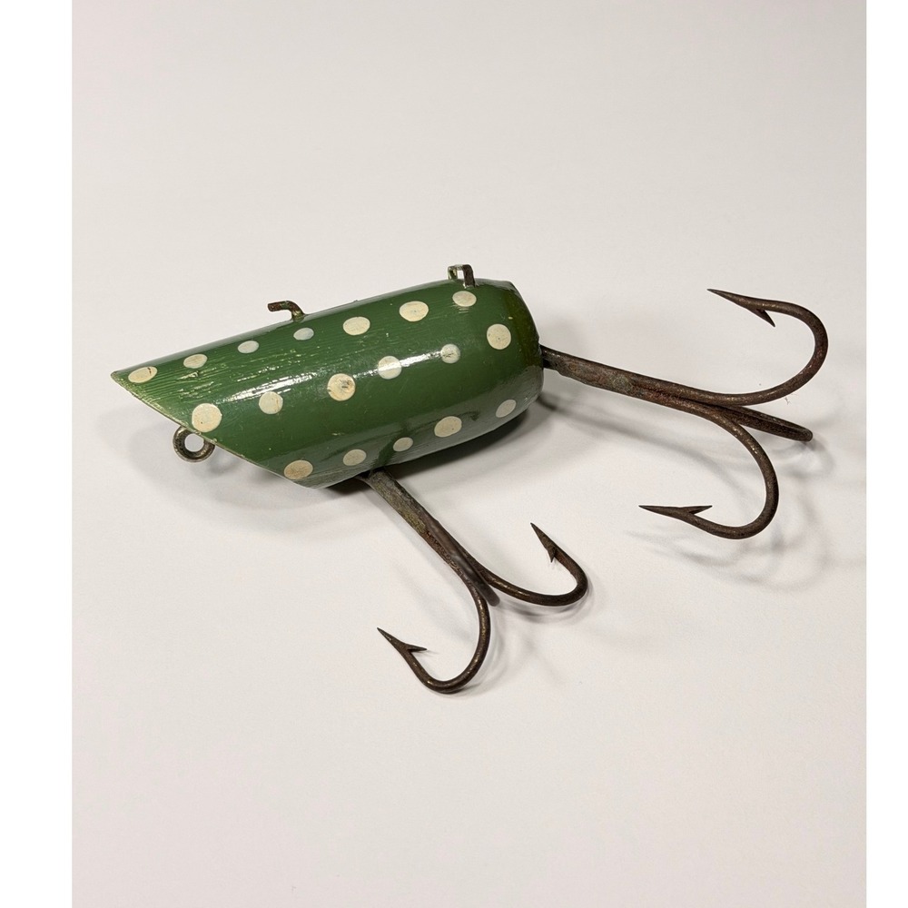 Vintage Green Polka Dot Wooden Popper Fishing Lure Slant Head Two Treble Hooks